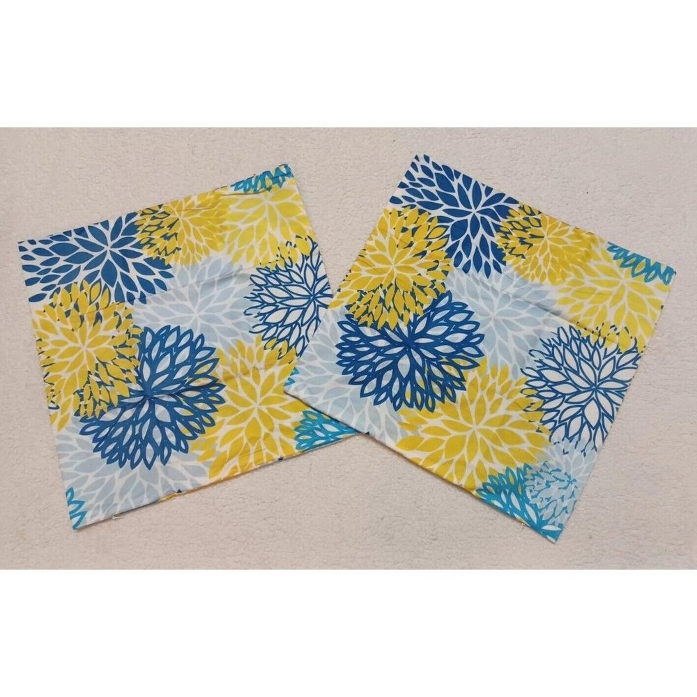 Lot 2 Square Blue Yellow Navy Dahlia Floral Throw Pillow Cover 17 x 17" Two-Side